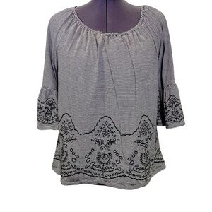 FEVER Women plus size 3X black white stripe embroidered 3/4 flare sleeve pullon